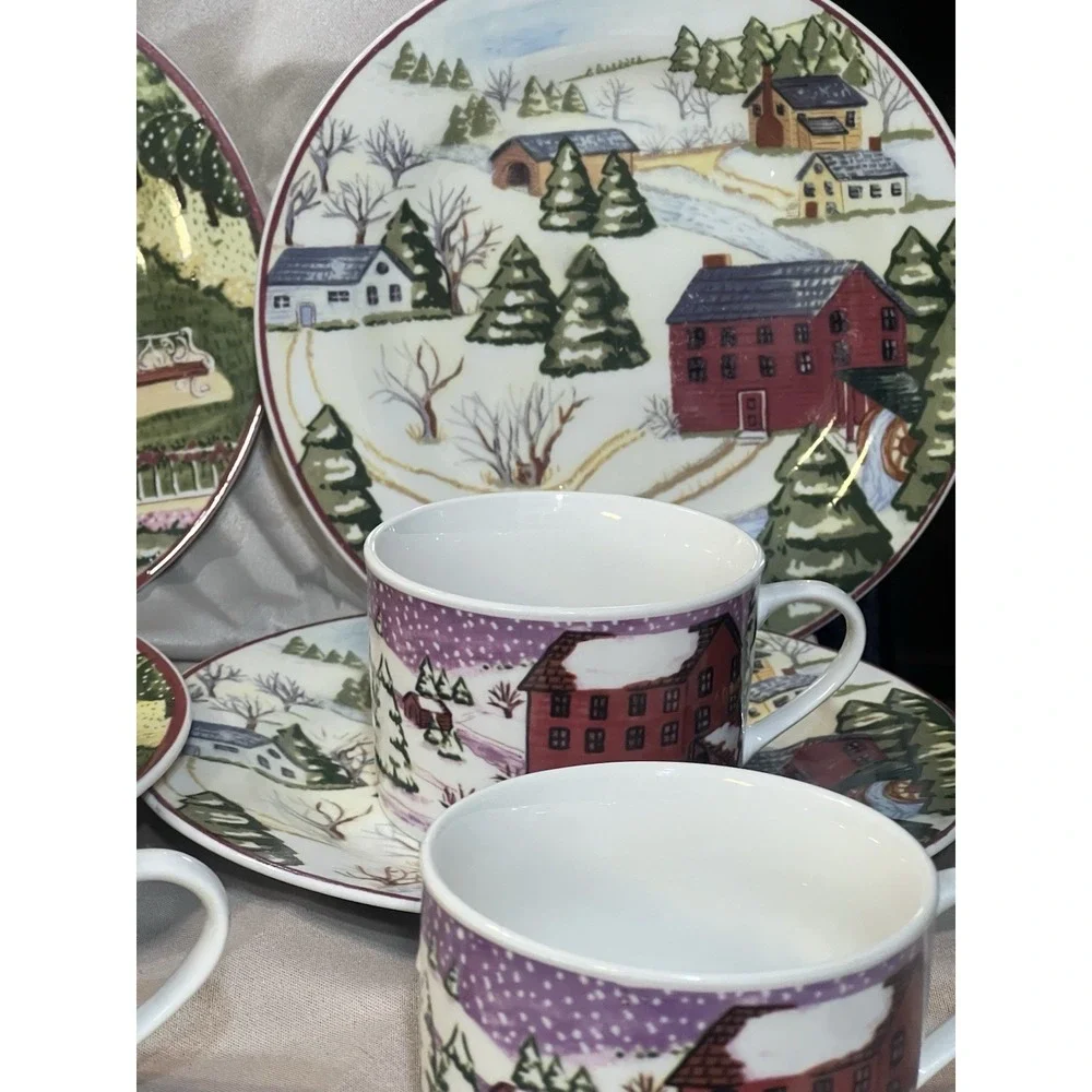 16 PC GIBSON 2 SALAD PLATES AND 2 CUPS. FARM SCENE 4 DESIGNS (2319)‎